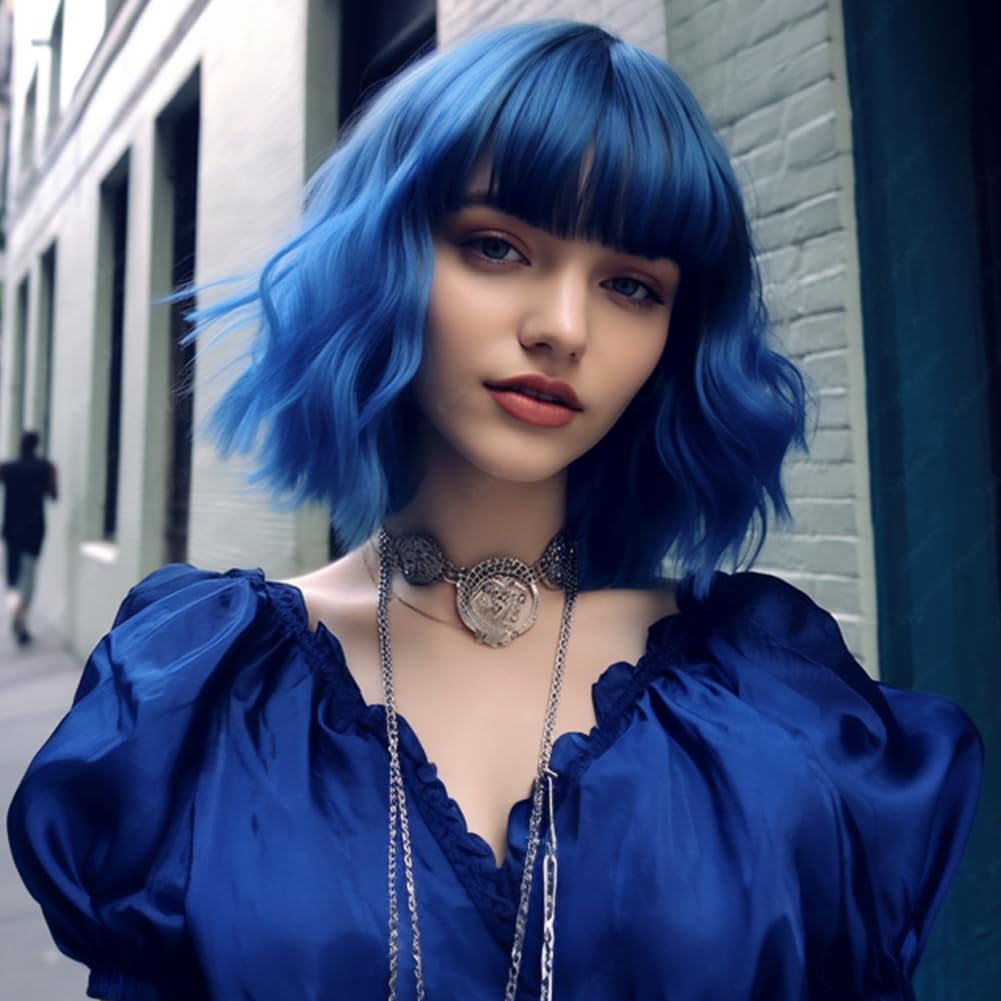 Short Blue Wigs for Women Blue Wavy Bob Wig with Bangs Medium Length Synthetic Hair Water Wave Dark Roots Wig Gray Colorful Wigs