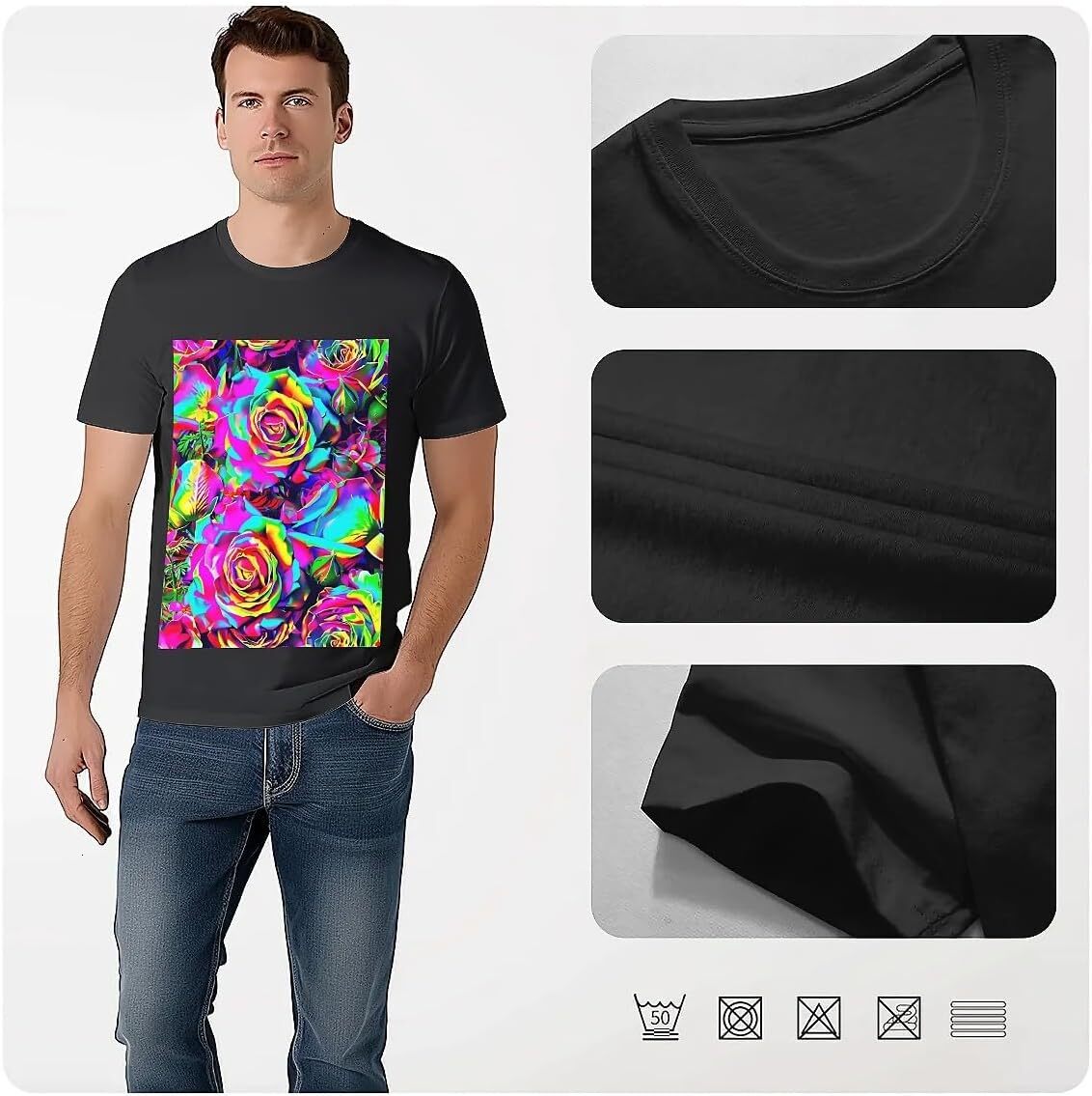 T shirt for Mens Mens Novelty T-Shirts Graphic 2D Print Summer Short Sleeve Colorful Flowers Roses Shirts Tshirt Graphic Tee Casual Tops Clothes Short