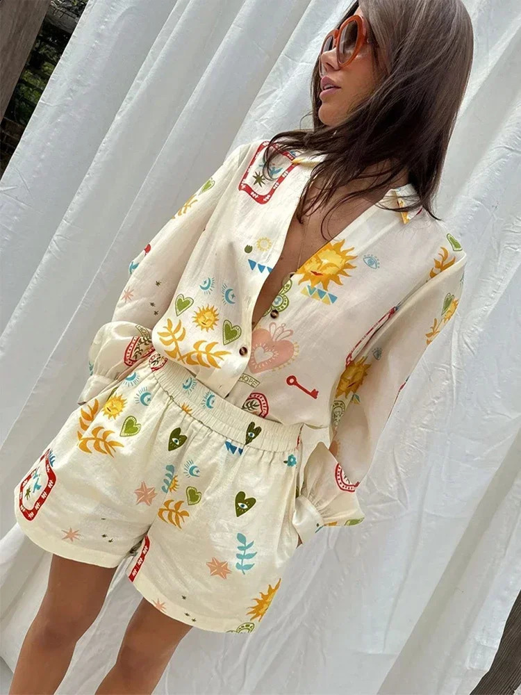Fashion Prined Elastic Waist Pockes Shorts Suit Women Loose Lapel Buttons Long Sleeved Shirt Set Lady Causal Vacation Outfit 250319