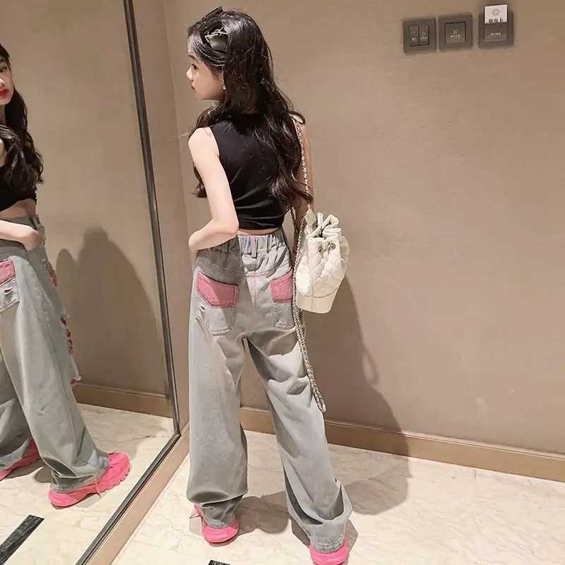 2024 Spring/Summer Teen Girls Denim Wide Leg Jeans Childrens Straight Hole Trouser Medium Girls Loose Breathable Solid PantsT250326
