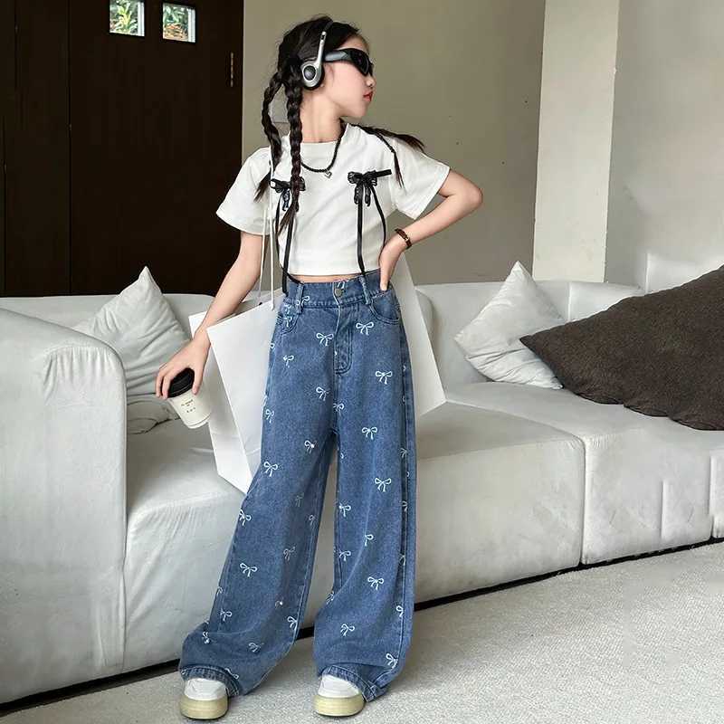 2024 Summer Casual Style Jeans Spring Big Kids Straight Trousers For 4-16Y Girl Teenage Clothes Bow Print Denim Wide Leg PantsT250326