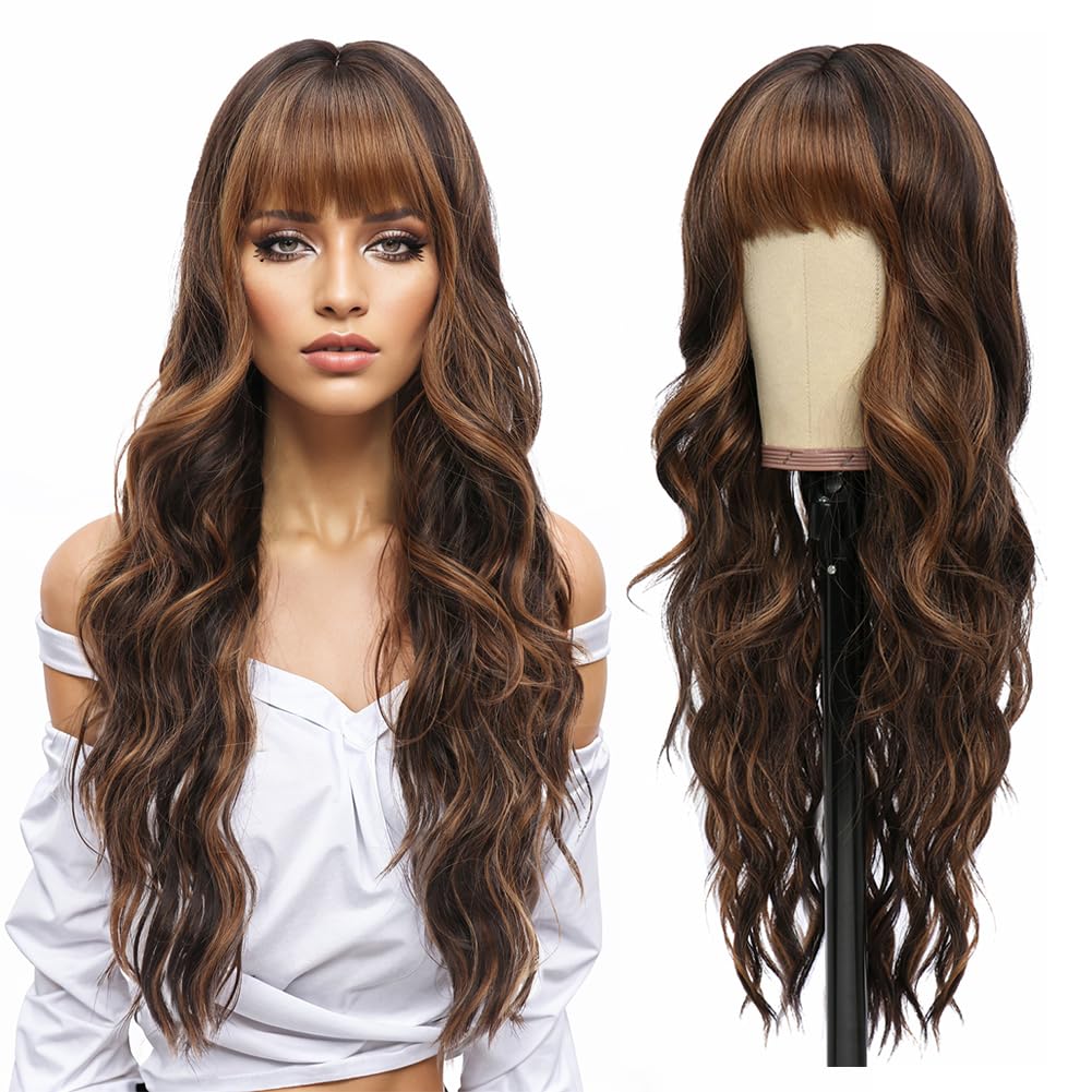 Long Brown Wavy Wigs Long Curly Wig with Bangs Natural Appearance Heat-Resistant Synthetic Wig Suitable for Fashionable Women