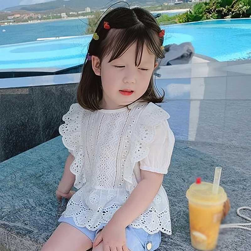 Summer girls clothing hollow round neck bubble sleeves short sleeves lace hollow breathable shirt childrens topT250320