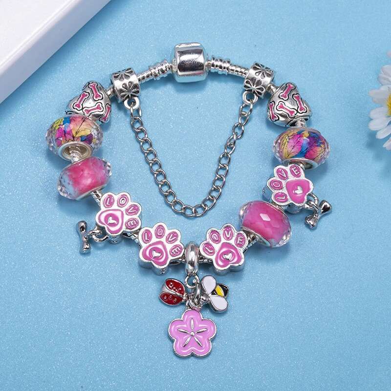 Bees Flower Pendant Charm Bracelets Fits DIY Dog Paw Beads Bracelet Bangles For Women Kids Bijoux Pulseras Jewelry Gift
