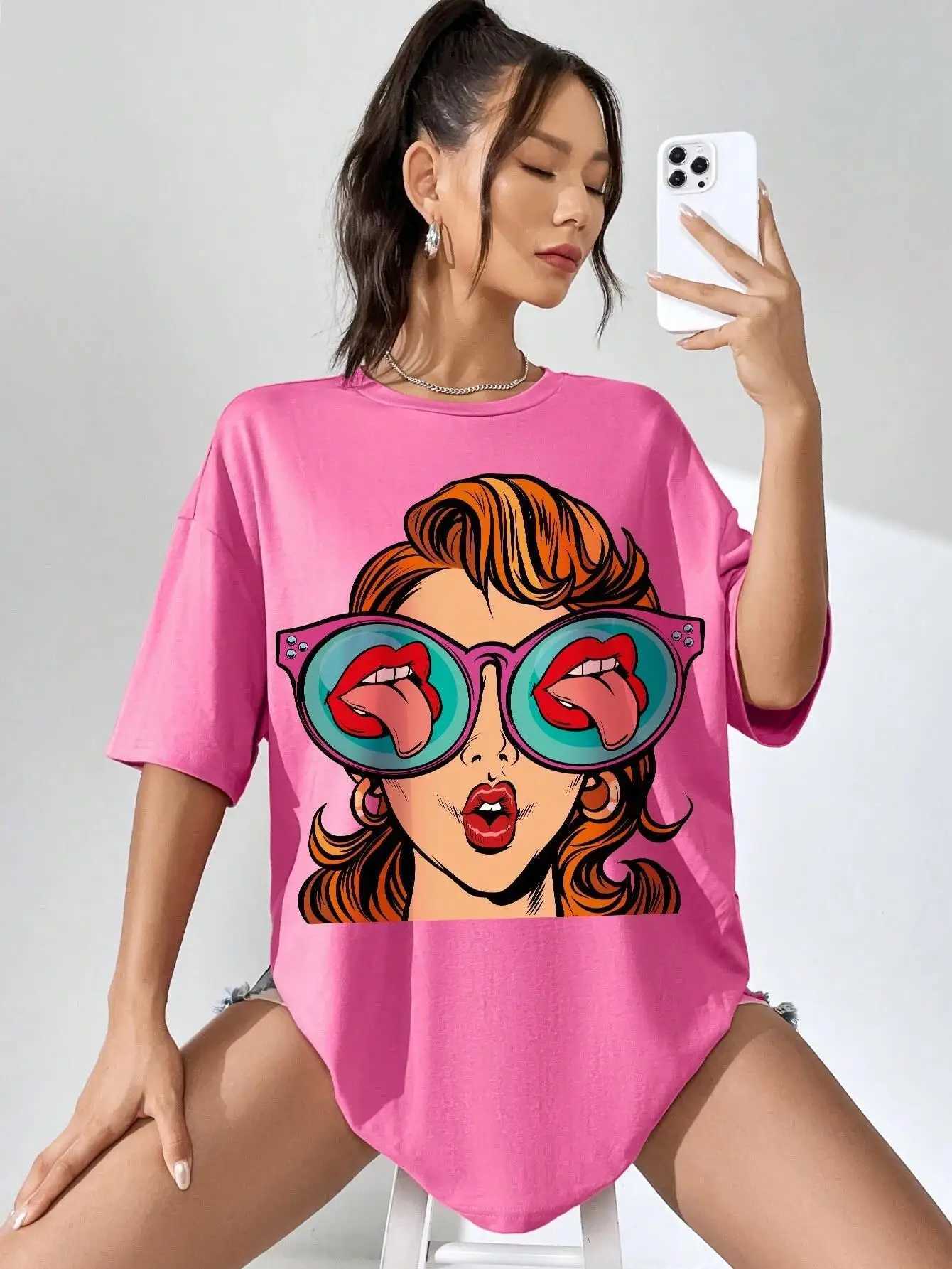 Cartoon pattern printed cotton womens T-shirt casual O-neck breathable soft short sleeved top loose and comfortable streetwearT250320