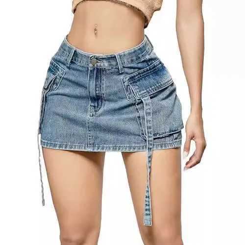 Womens tight fitting casual jeans Ele patchwork denim high waist hip bag A-line pocket summerXJ250320