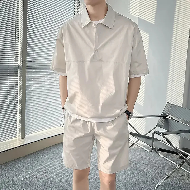 Mens summer polo shirt two-piece buttoned up casual cargo sports summer track and field clothing fashionable short sleevedshort sleeved set 250318
