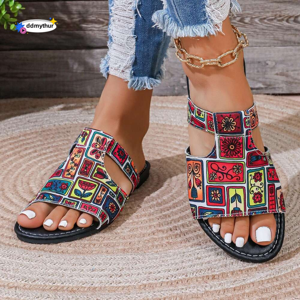 2024 Summer New Breathable Print Color Block Roman Style Women's Flat Bottom Sandals ddmythur