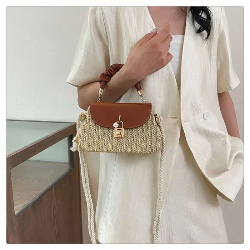 Summer New Straw Single Shoulder Crossbody Pleated Handbag Mini Fashion Box Bag Beach Holiday Ethnic Wind Woven Bags