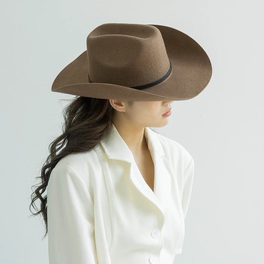 100% Wool Felt Cowboy Hat Unisex Wide Brim Felt Hat with PU Belt 250320