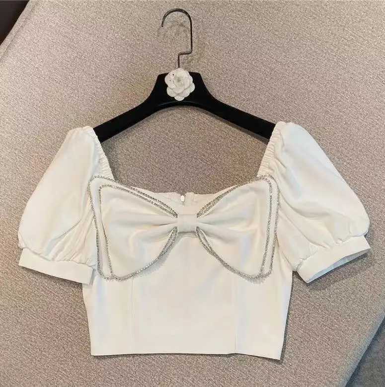 Womens Summer New Korean Puff Shirt Square Collar Bow Fashion Short Top 2024 Sweet Childrens ClothingT250320