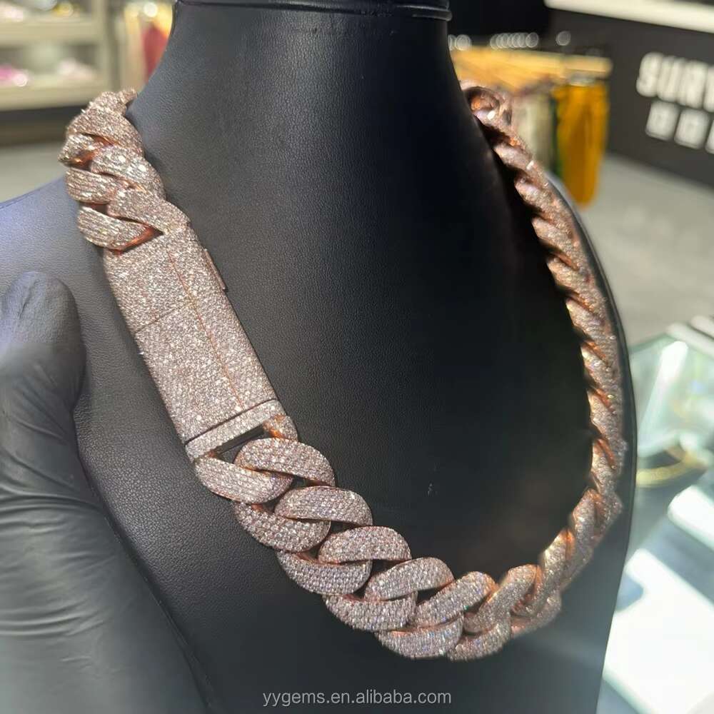 Yu Ying heavy 20mm 22mm men's fully chilled moissanite rose gold and sier Cuban chain necklace hip-hop accessory