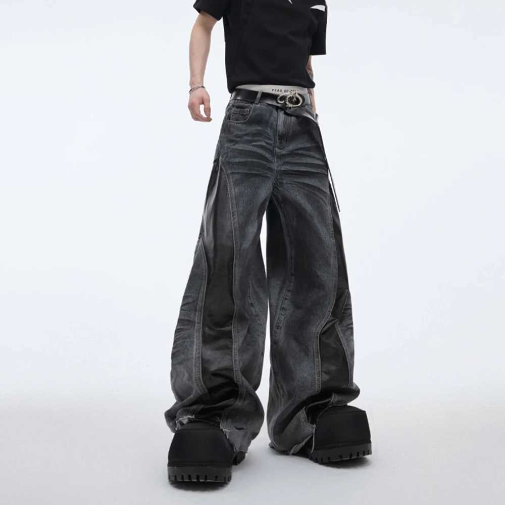 Mens jeans Pu leather splicing beard washing wilderness style casual pants streetwear fashion personality mens clothingT250319