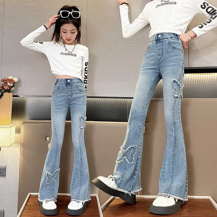 Fashion Girl Flare Jeans for Kids 4 6 9 12 14 Years Trouser Teenage Spring Fall Childrens Jeans Denim TasselT250326