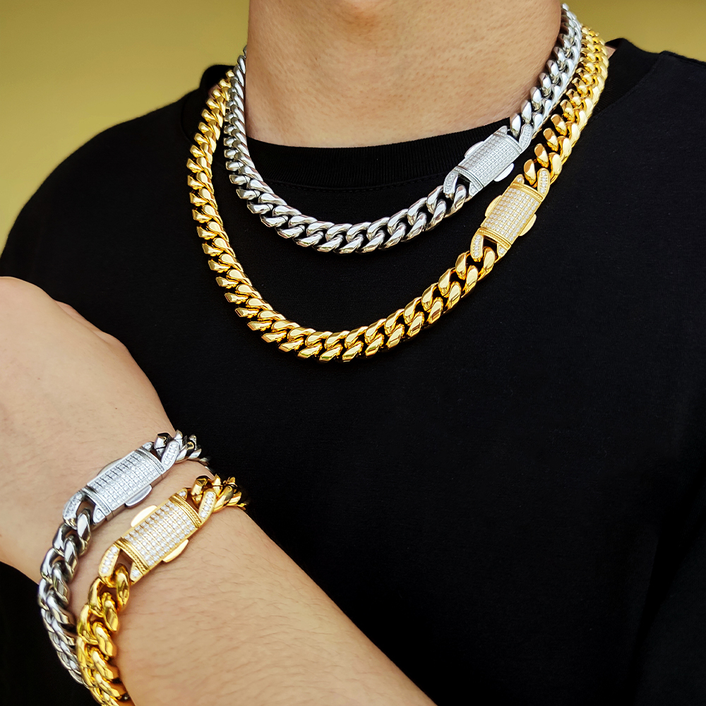 NUOYA Hiphop Gold Necklace Iced Clasp Cuban Link Chain Stainless Steel 18K Gold Plated Jewelry Necklace
