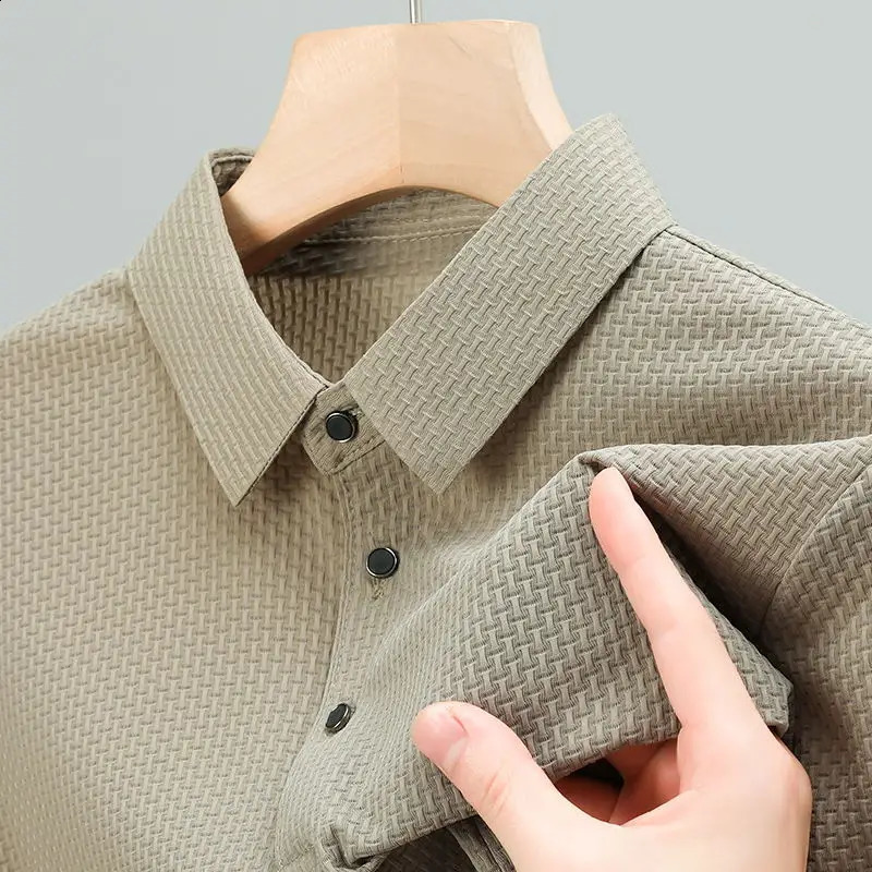 High end Ice Silk Elastic Polo Shirt Summer Polo Neck T-shirt Business Fashion Mens Short Sleeve CasualStyle 250319
