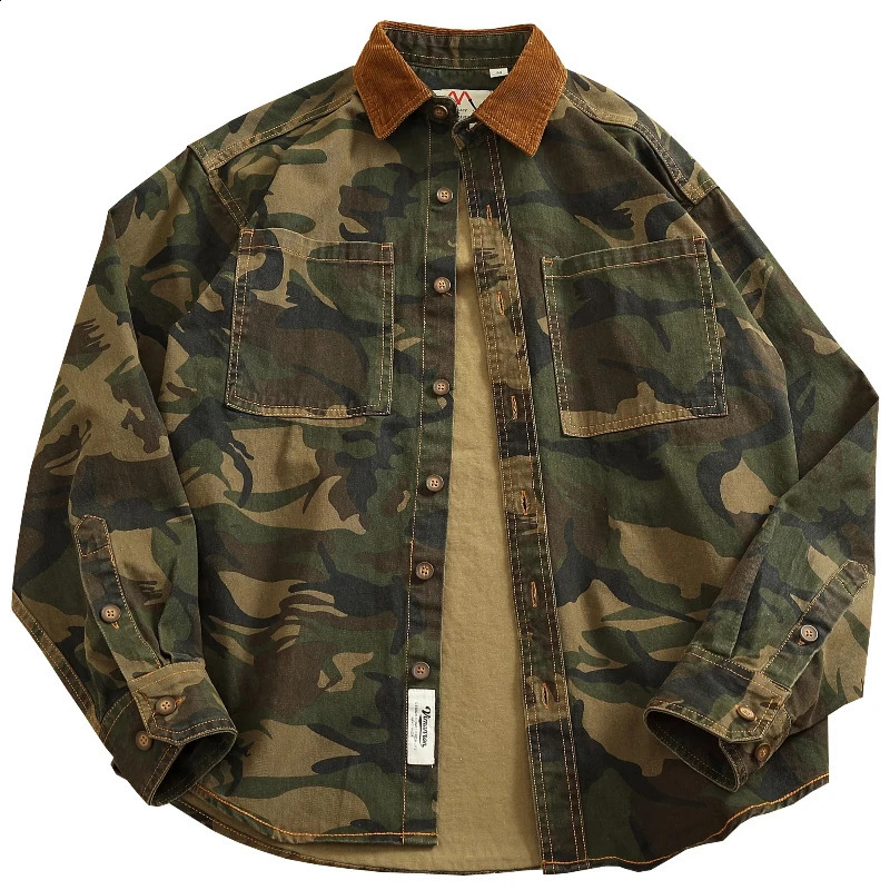 Spring American Retro Woven Twill Camouflage Cargo Shirt Mens 100% Cotton Washed Old Double Pocket Blouser Thin Jacket 250317