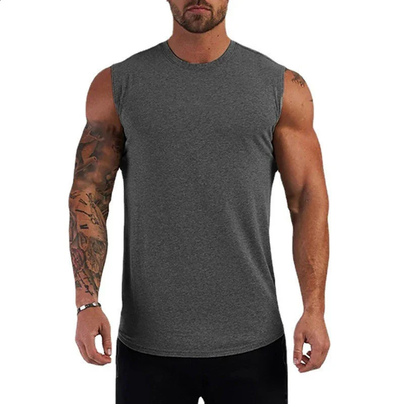 Compressed cotton vest mens gym breathable clothing fitness sleeveless Tshirt summer exercise casual sports muscle 250319