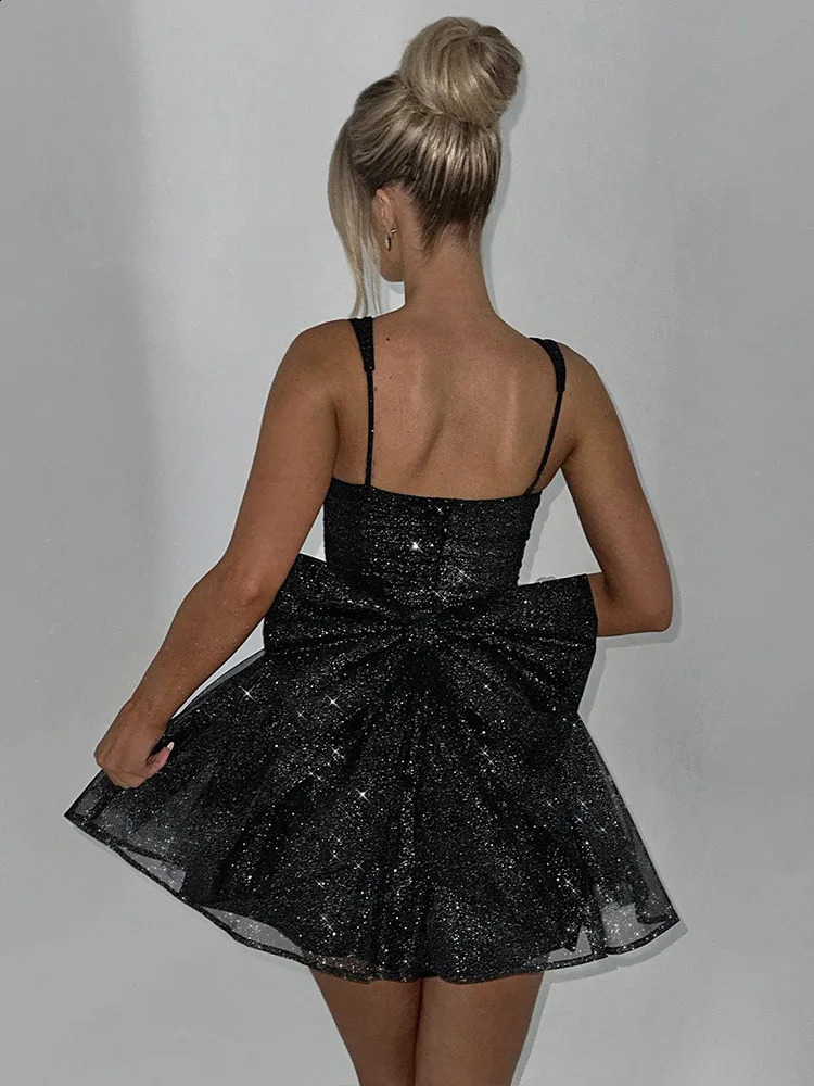 Articat sexy mesh spaghetti strap double layered short womens elegant sleeveless backless tight fitting shiny bow evening dress 250314