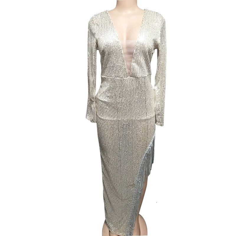 Women's Clothing Tassels Sequins Waist Hing Deep V Long Sleeves And Side Slits Sexy Asymmetrical Dress