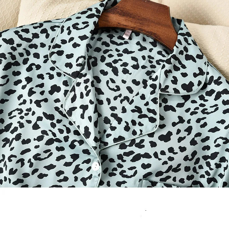 Lisacmvpnel Leopard Print Women Pajama Set Ice Silk Soft Touch Long Sleeve Suit Pyjamas 250319