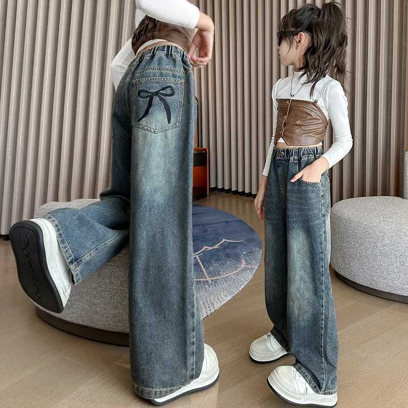 Girl Pocket Bow Embroidery Jeans New Teenage Children Wide Leg Denim Pants for Kids Loose Trousers Spring Autumn 4-14 YearsT250326