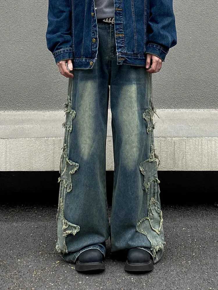 2024 Clothing Y2K Streetwear Star Patch Embroidery Baggy Stacked Jeans Pants For Men Clothes Wide Leg Old Straight Denim TrousersT250319