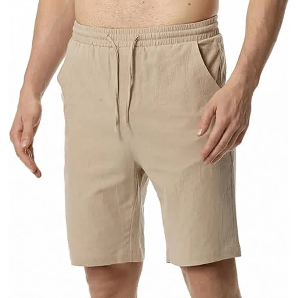 Mens Elastic Waist Solid Color Hawaiian Shorts Casual Cotton Linen Short Pants Men Shorts Breathable Sweatpants Male Bottoms 250320