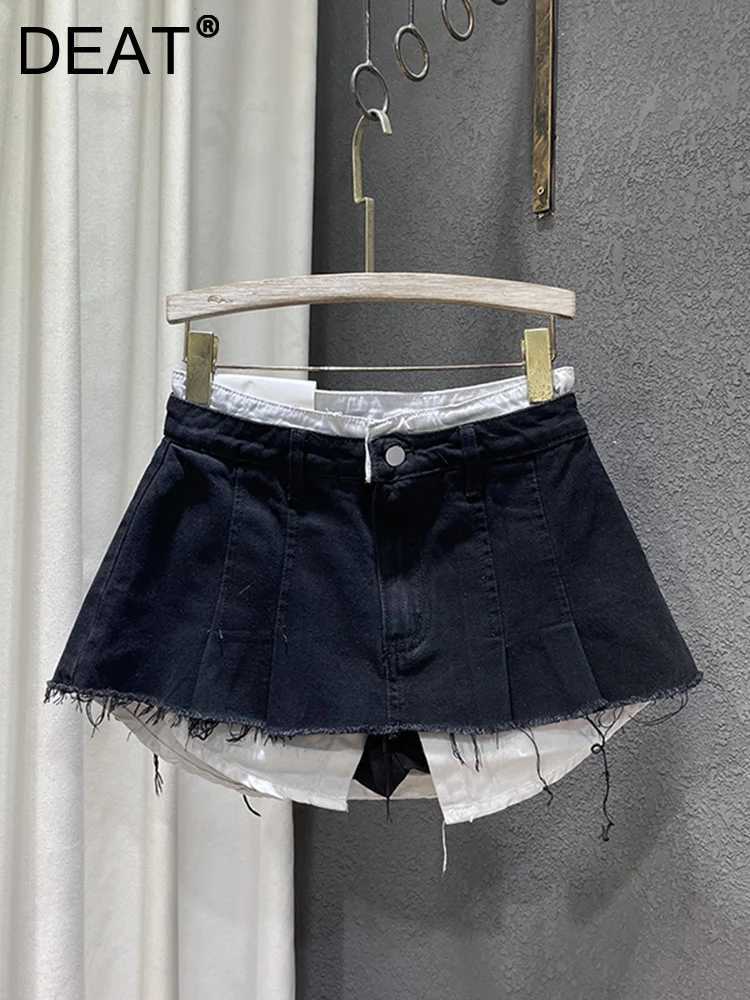 DEAT Trend Contrast Color Patchwork Denim Leather Womens Bottom Burr High Waist Loose Packaging Hip Skiing Fe 2025 Spring New 11XX1592XJ250320