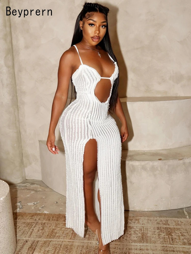 Beyprern Elegant Textured Cut Out Slit Cami Maxi Dress Vacation Outfits Summer Womens See Through M-Split Beach Cover-Ups Dress 250319