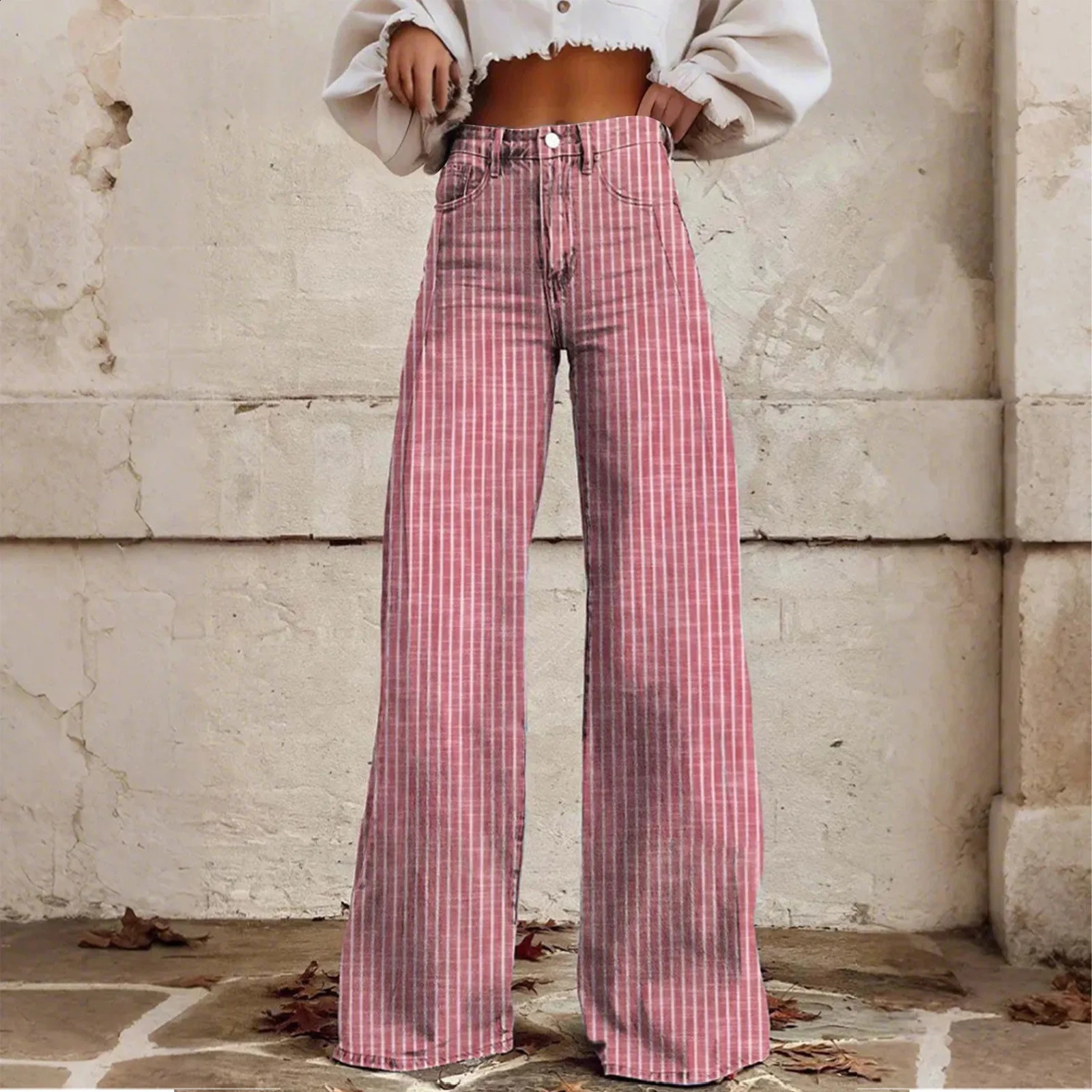 Women Bootcut Jeans Fashion Trendy Color Striped Wide Leg Straight Leg Mopping Pants Casual Street Style All-Match Denim Pants 250319
