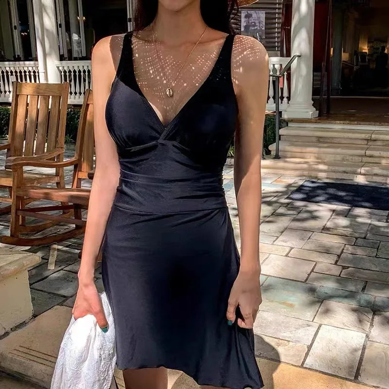 Black Dress Style One Piece Swimsuit for Women Sexy Spring Spa Modest Swimwear Bathing Suit Korean Style 250319