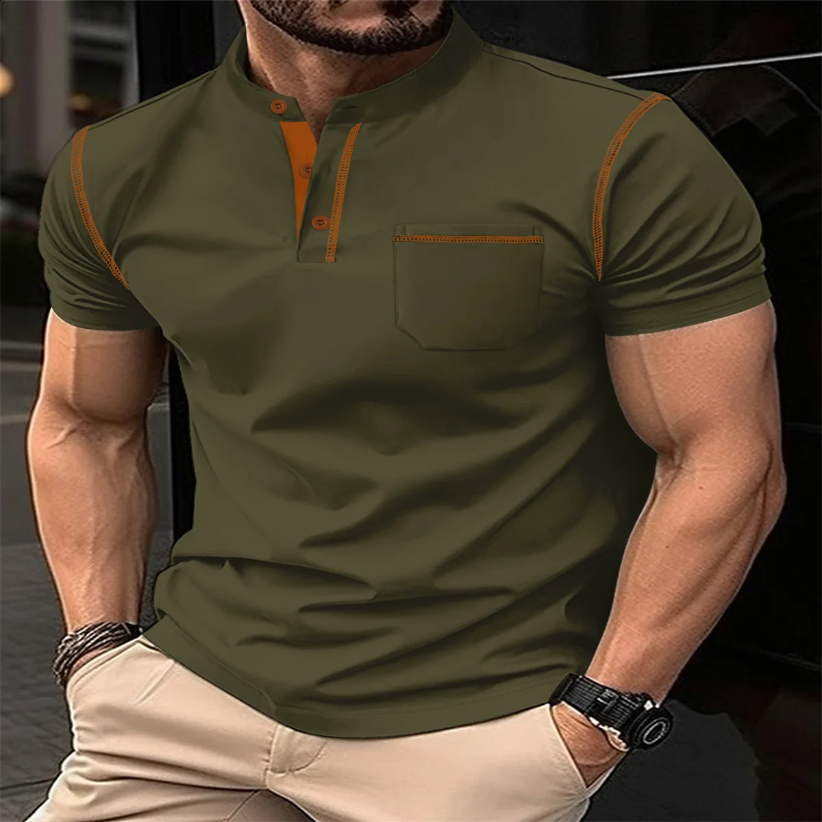 Summer Mens Fashion Outdoor Sports Casual Style Solid Color Stand Collar Patchwork Pocket Loose Short Sleeve POLO Shirt 250319