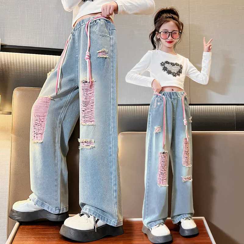 Girls Fashion Jeans 2024 Summer Thin Korean Edition Middle and Large Childrens Straight Cut Hole Jeans Fashion Wide Leg Pants 120-170CMT250326