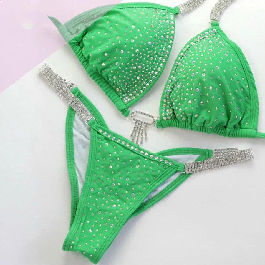 NPC IFBB Competition Bikini Set for Women Rhinestone Connector Scrunch Bikini Sky Blue 250314