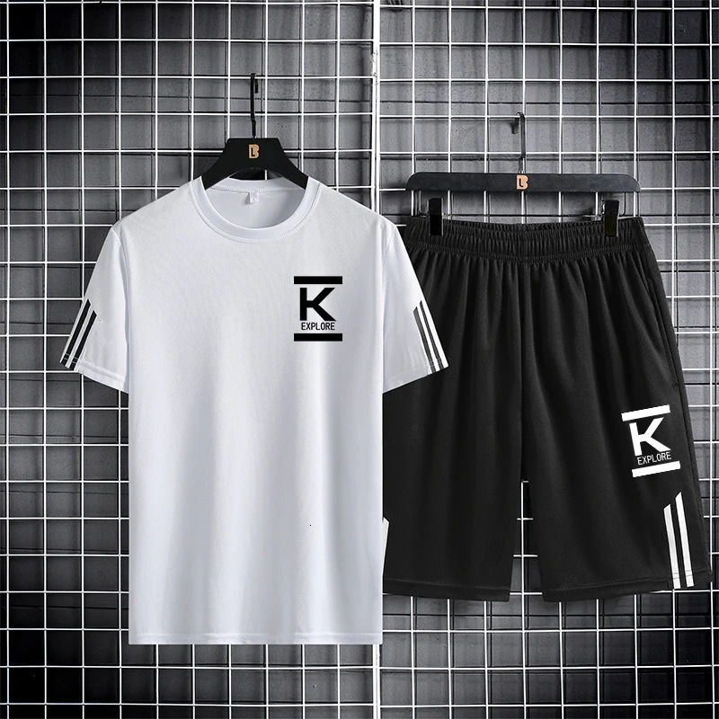 Trendy and fashionable mens sports suit short sleeved quick drying ice silk three bar mesh breathable running two-piece set 250320
