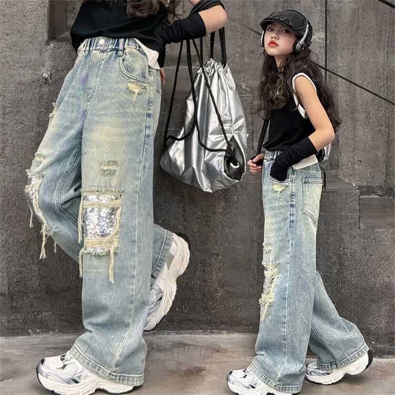 Girls bright jeans fashion 2024 new childrens wide leg pants style spring and autumn ripped pants for ages 6-15T250326