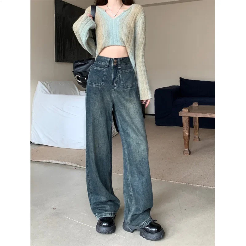 Autumn Plus Size Straight-Leg Jeans High-Waisted Draped Loose-Fit Bell Bottoms Casual Style For Plump Women 250319