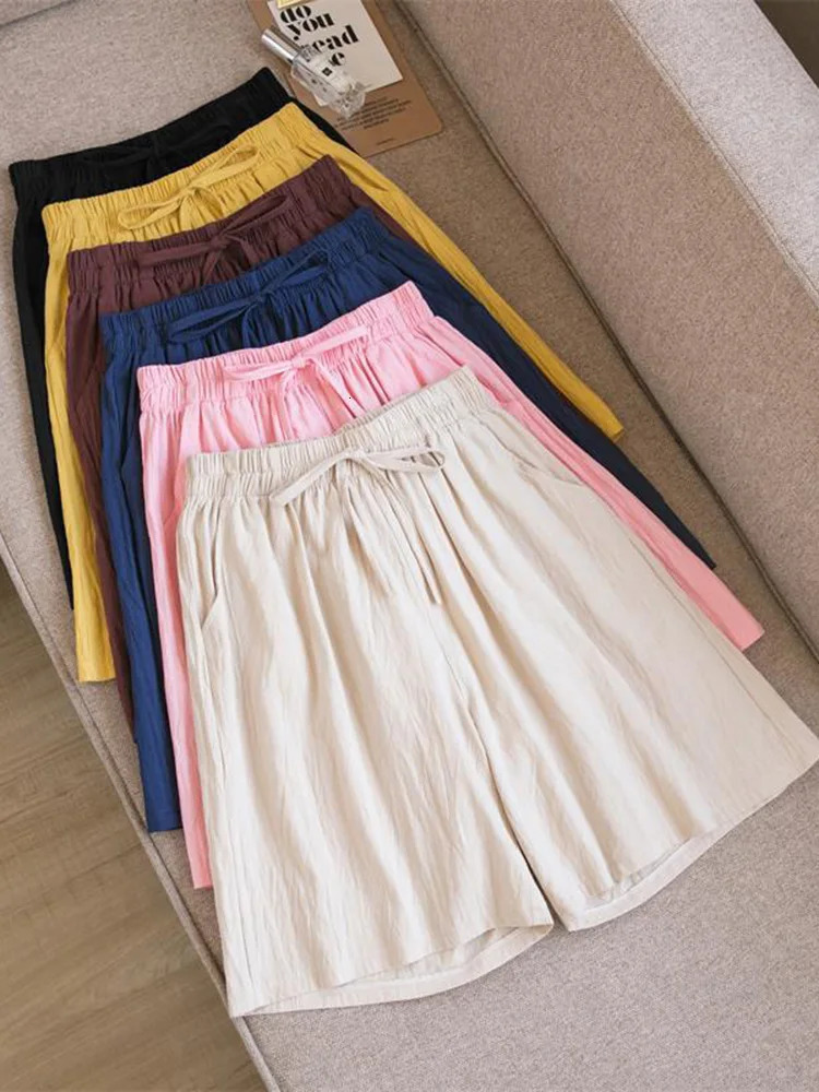 Women Cotton shorts Summer Casual Solid Two Pockets shorts high waist loose shorts for s Soft Cool female shorts 250320