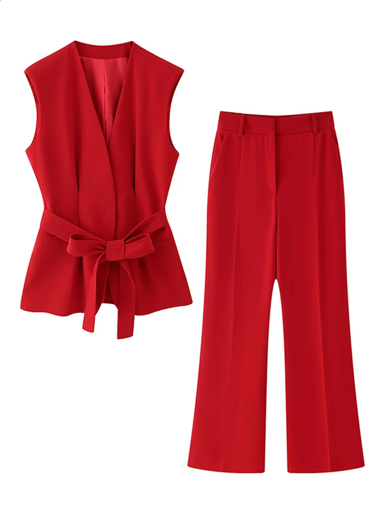 Red lace up vest pants set for womens elegant Vneck sleeveless high waisted Trouser 2025 summer 2piece 250319