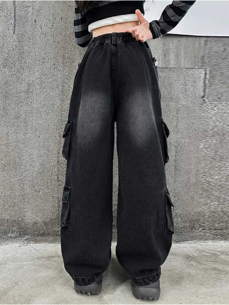 2024 New Girl Jeans Wide Leg Pants Fashion Casual Cotton Pants Little Girl Party Street Style Pure Loose Straight TrousersT250326
