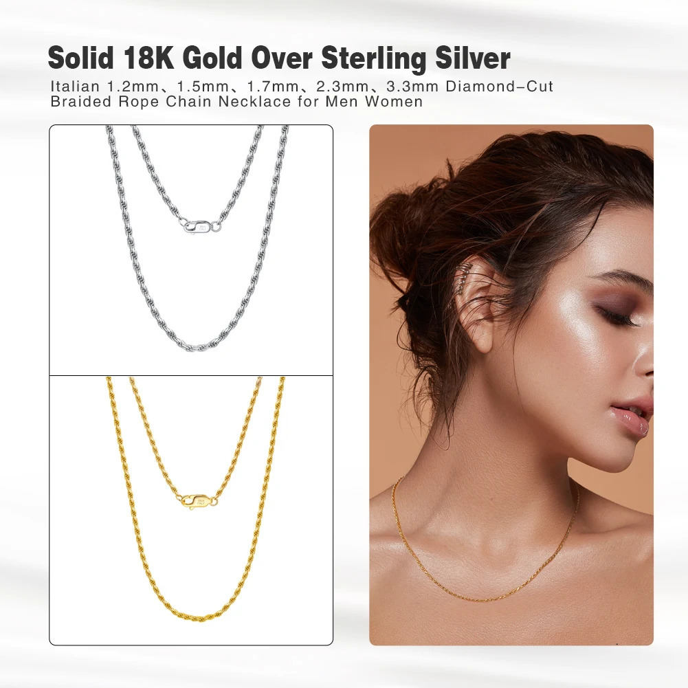 Effie Queen Genuine 925 Sterling Silver Italian Diamond-Cut Rope Chain Necklace for Women Men 18K Gold Twist Chain Jewelry SC29 250318