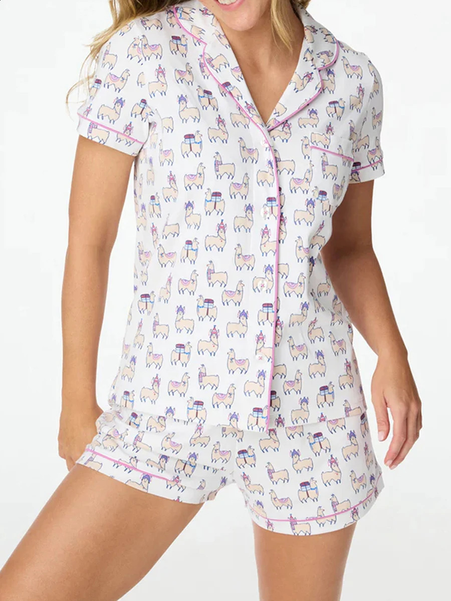 Womens Preppy Sheep Monkey Print Pajamas Aesthetic Cute Pjs Y2k Two Piece Pajamas Shorts Pj Shirts Sets Sleepwear 250319