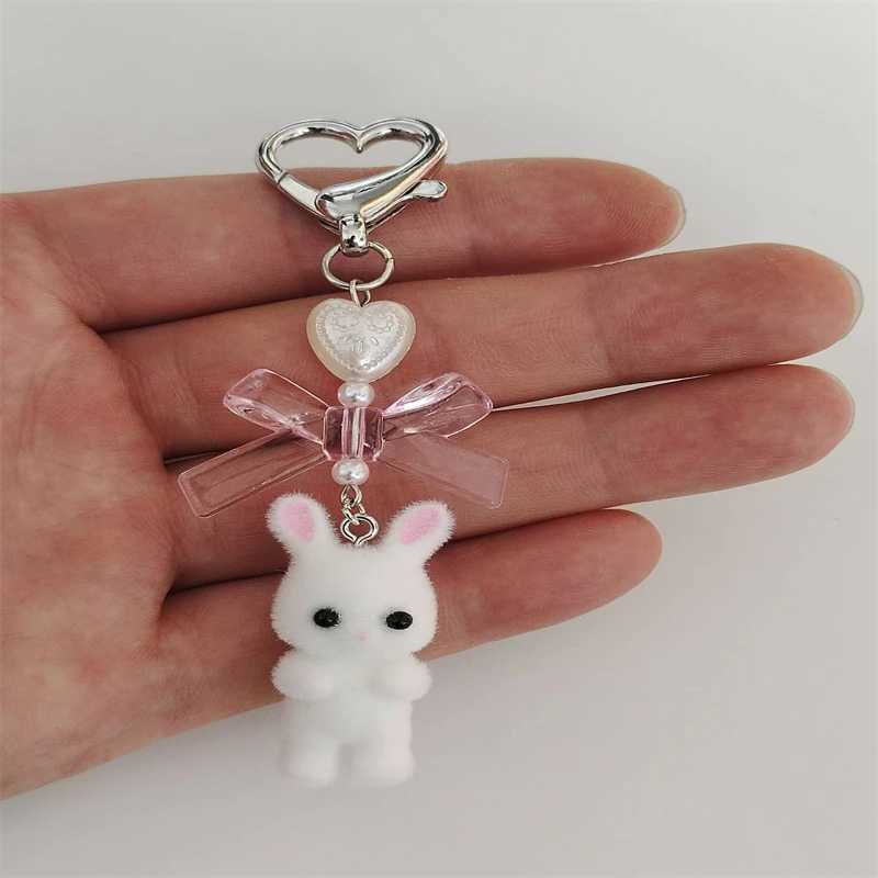 Cute fuzzy white bunny heart bow key chainrabbit trinket animal kawaii keychainpink bowpearl heartXJ250319