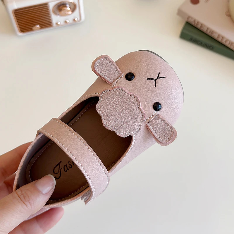 Girls Princess Shoes Cartoon Pink Beige Lovely Spring Kids Flat Shoes Cover Toe Trendy Flexiable Toddler Children Mary Janes 250319