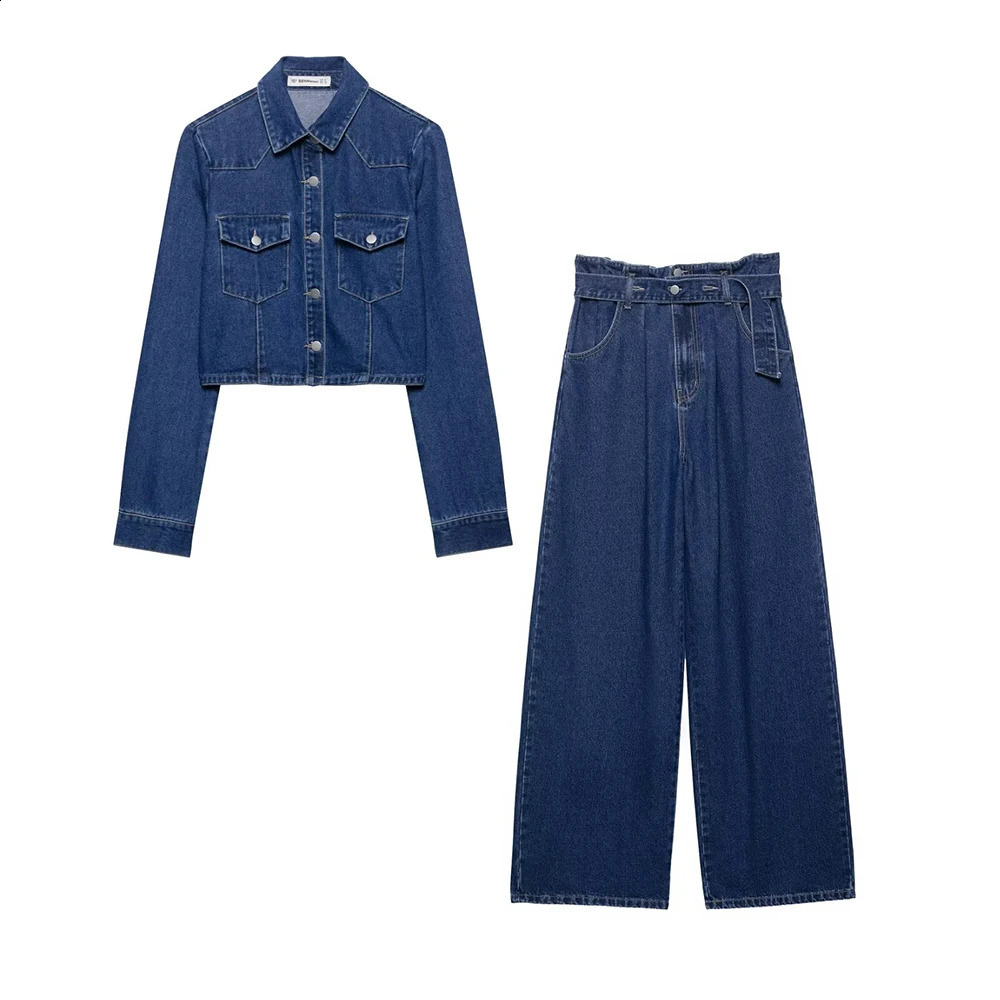 womens fashionable European and American casual collar long sleeved denim top high waisted jeans set 250319