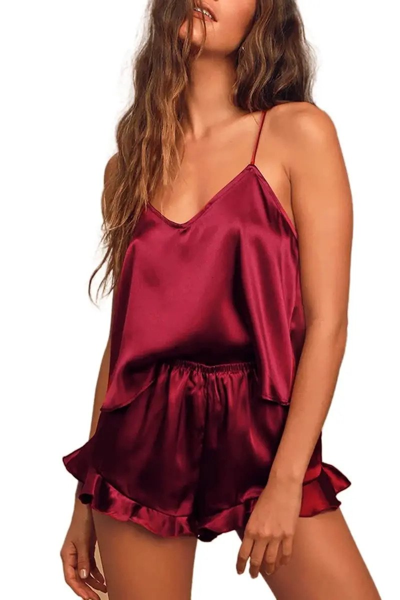 Sexy Silk Satin Pajama Set for Women Cami Top and Ruffled Shorts Bridal Lingerie Perfect for Nightwear 250320