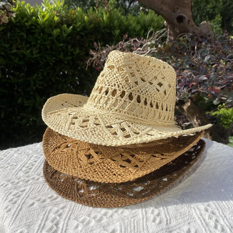 Vintage Straw Hat Women Hollowing Out Harajuku Wind Wide Brim Sun Hat Men Sun Protection Outdoor Fishing Climbing Retro Cap 250320