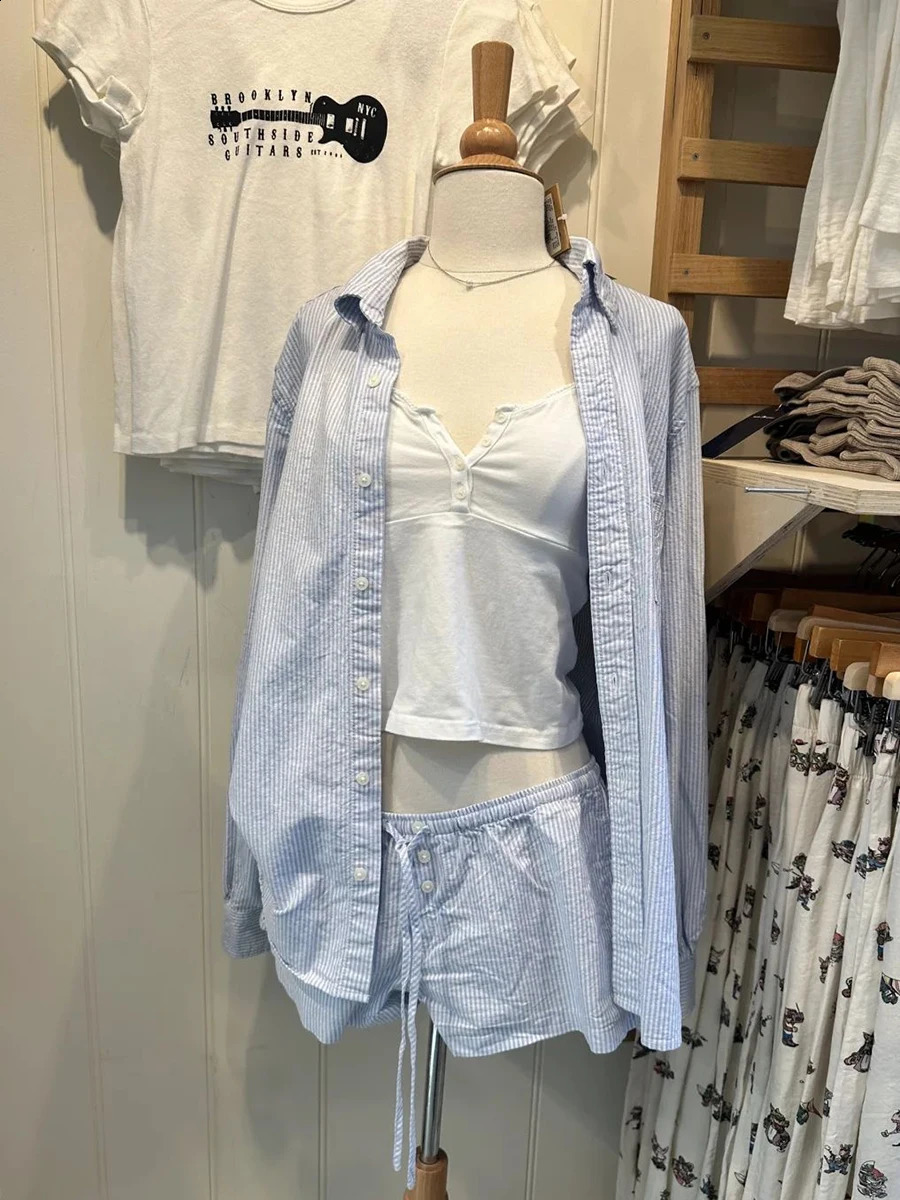 Blue Striped Blouse Shorts Set Woman Lapel Pocket Loose Shirt Drawstring Buttons Straight Short Pants Casual 2 Pieces Set Outfit 250319