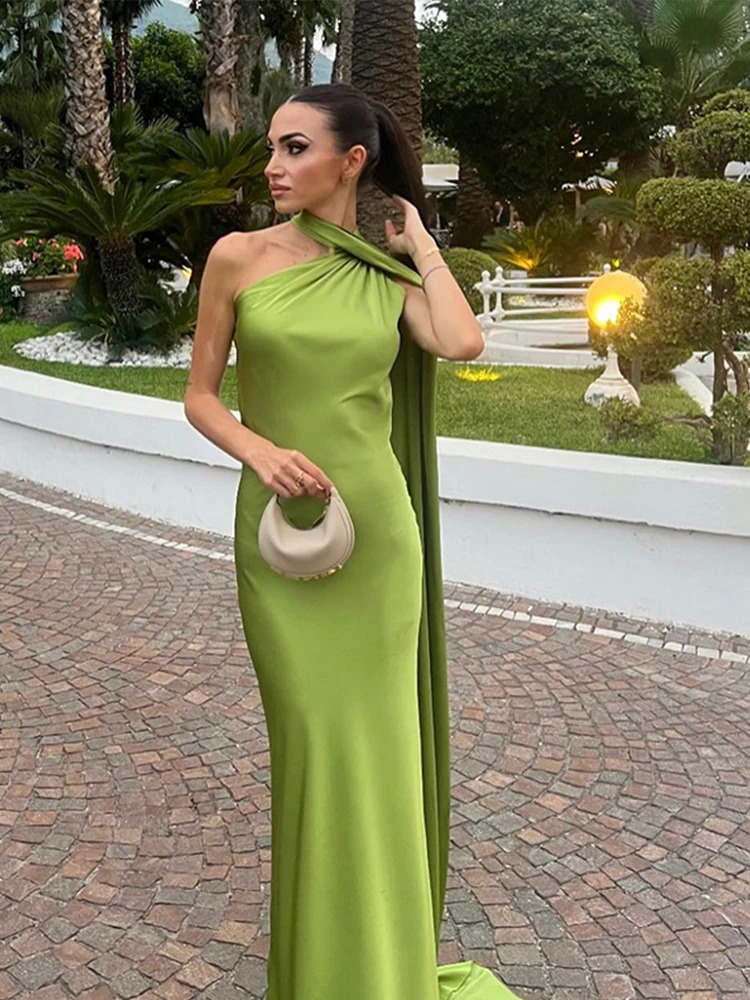 Elegant Solid Ribbon Women Halter Dress Off Shoulder Sleeveless Backless Slim Female Maxi Dresses Summer Chic Lady Robe 250319